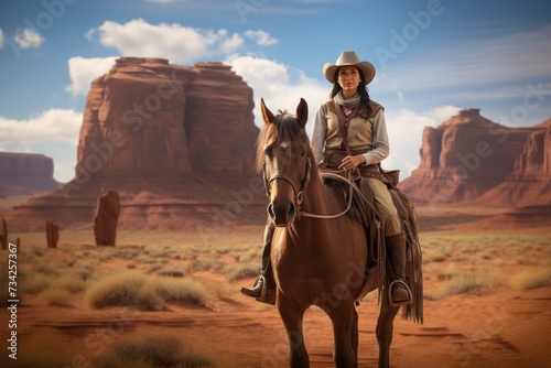 Cowgirl on horseback with landscape of American   s Wild West with desert sandstones.