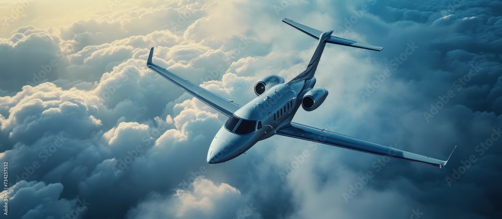 Naklejka premium Luxury private jet flying high above the clouds. Exclusive air transportation