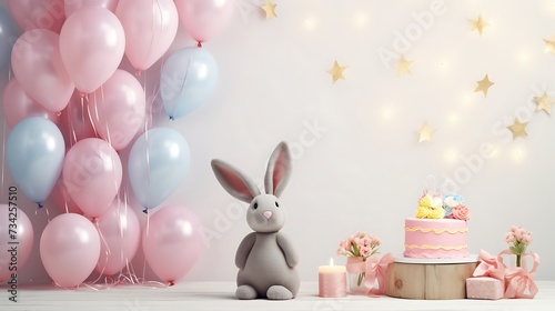 a lifelike image of a rabbit nestled in an egg decoration, highlighted against a wall with copyspace, surrounded by 2024-themed balloons that add a touch of festivity and charm. © Love Mohammad