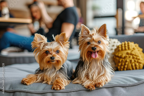 Two cute Yorkshire Terrier dogs are laying on a cushion in a pet friendly cafe © Svetlana Lerie