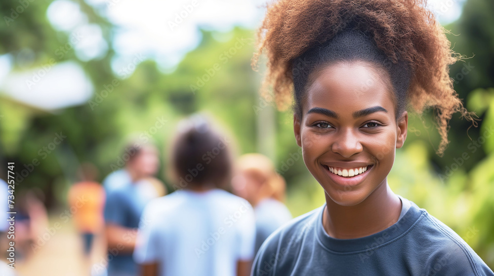 Beaming young woman with afro hair participates in an outdoor volunteer event, her bright smile and casual attire embodying the spirit of community service Beaming young woman with afro hair participates in an outdoor volunteer event, her bright smile and casual attire embodying the spirit of community service