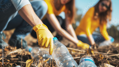 Focused volunteers in yellow wearing protective gloves pick up discarded plastic bottles, participating in an environmental cleanup effort outdoors photo