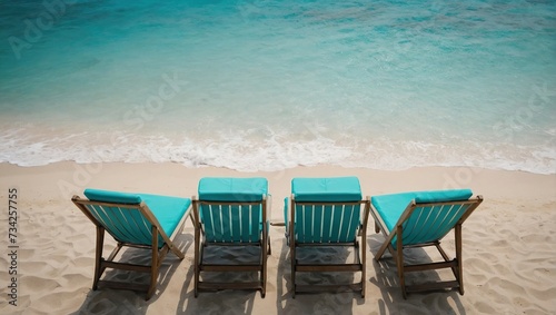 Top view of beach chairs by turquoise sea