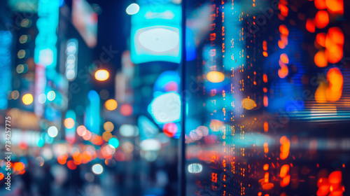 blurred view of a cityscape at night, showcasing the vibrant bokeh effect of city lights and possibly a digital stock market display. © MP Studio