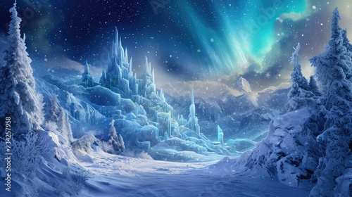 A magical winter wonderland at night, with ice castles, aurora borealis in the sky, and mystical creatures wandering in the snow-covered landscape. Resplendent. photo