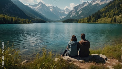  Travelers couple look at the mountain lake © LIFE LINE