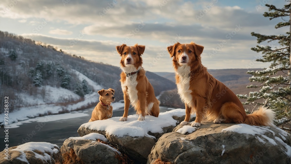 dogs on rock perch on a snow-covered hill with river, a Nova Scotia Duck Tolling Retriever and a Jack Russell Terrier look into the distance, Their poised stances and the serene woods, sunset dogs on rock perch on a snow-covered hill with river, a Nova Scotia Duck Tolling Retriever and a Jack Russell Terrier look into the distance, Their poised stances and the serene woods, sunset