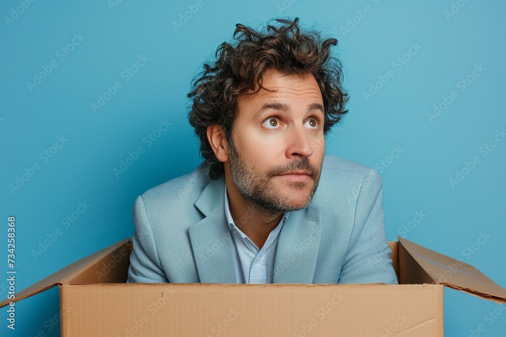 think outside the box concept with a businessman looking out of the box think outside the box concept with a businessman looking out of the box