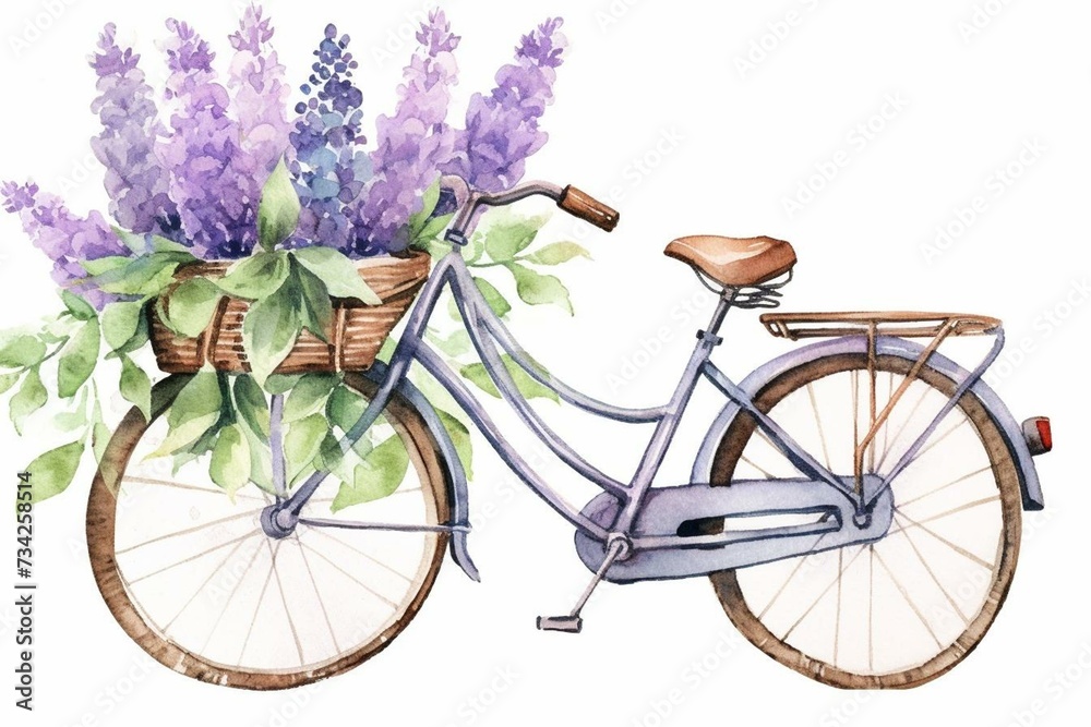 Illustration of an old bicycle adorned with a lavender flower-filled basket in a watercolor style. Generative AI