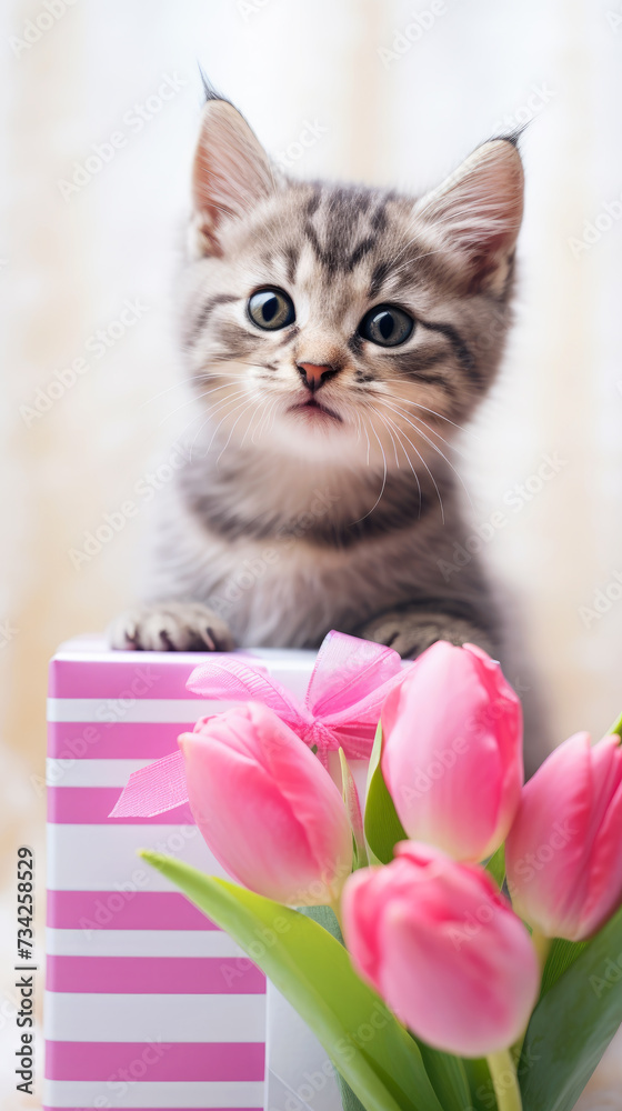 Cute kitten with bouquet of tulips and gift box. Card for Mothers day, International Womens Day, 8 March, Valentines Day, birthday, wedding. Cute kitten with bouquet of tulips and gift box. Card for Mothers day, International Womens Day, 8 March, Valentines Day, birthday, wedding.