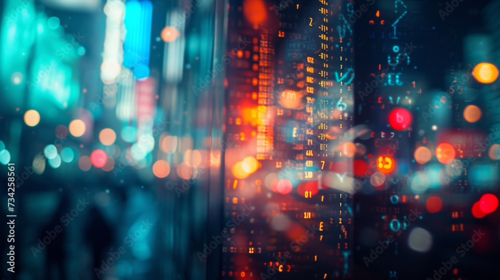 blurred view of a cityscape at night, showcasing the vibrant bokeh effect of city lights and possibly a digital stock market display.