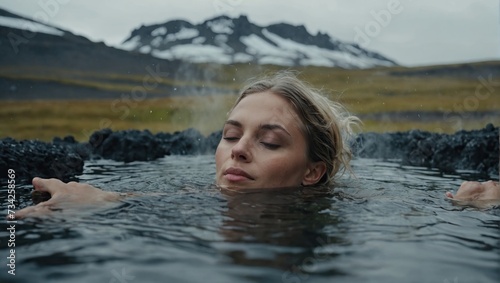 young woman enjoying spa in springs in Iceland nature 