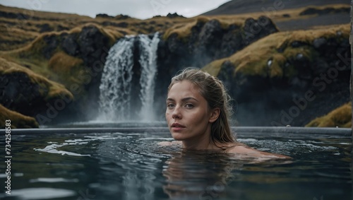 young woman enjoying spa in springs in Iceland nature 