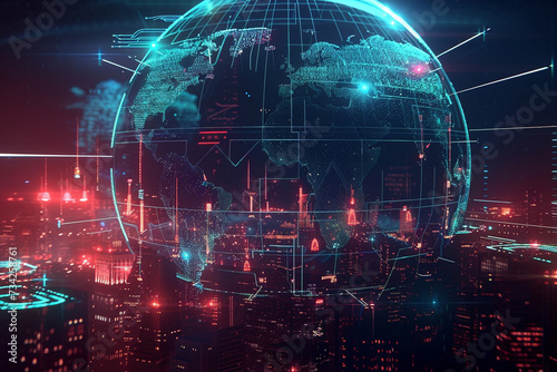Globo terr  queo digital con luces y conexiones de red sobre ciudad en la noche  Generative AI 