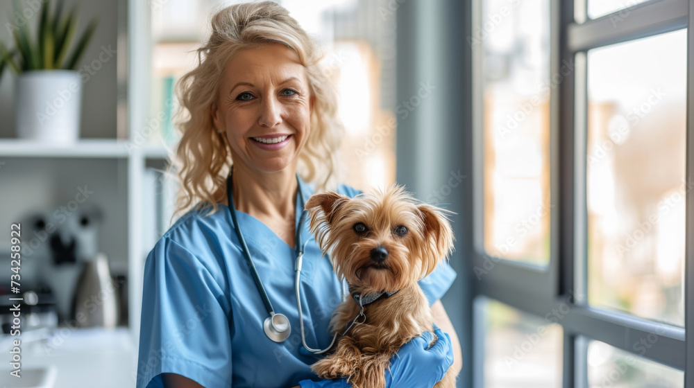 smiling female veterinarian in blue scrubs holding a small, attentive dog smiling female veterinarian in blue scrubs holding a small, attentive dog