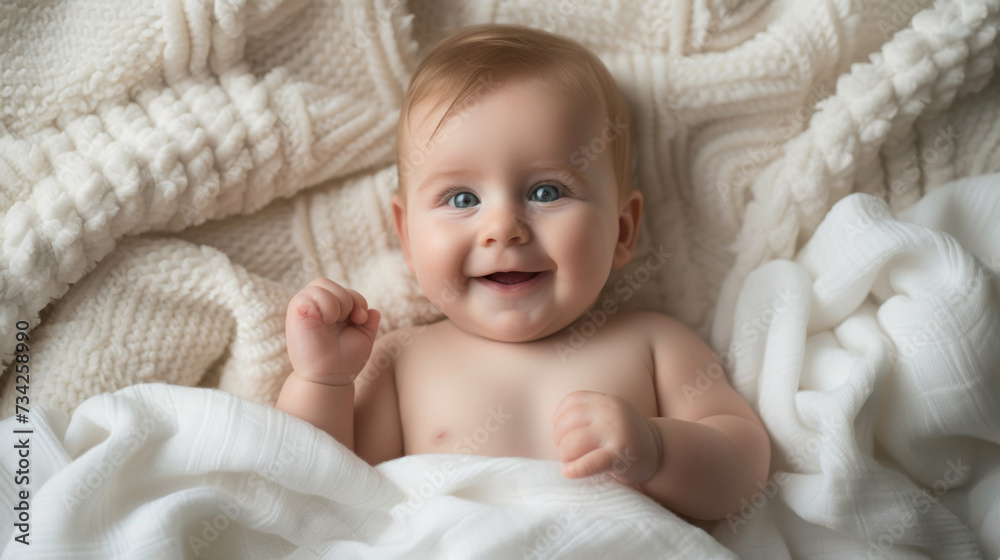 smiling baby lying on a knitted blanket, looking happy and comfortable. smiling baby lying on a knitted blanket, looking happy and comfortable.