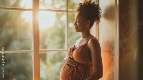smiling pregnant woman holding her belly, standing by a window with sheer curtains, bathing the room in soft light. © MP Studio