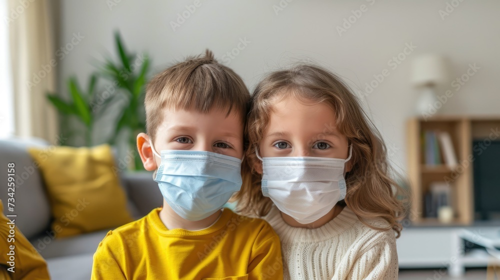 Children in Masks Indoors, New Normal Lifestyle Concept. Two kids wearing protective masks at home, embodying health safety in daily life.
