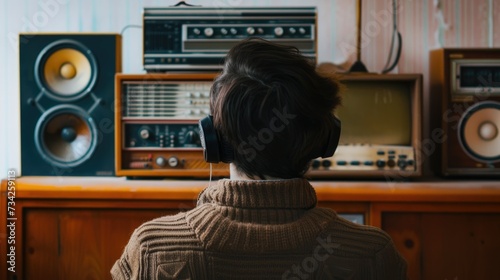 Vintage Audio Experience: Person wearing headphones in front of vintage stereo equipment and wood paneling