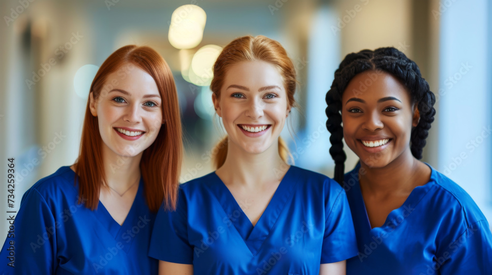 three professional women in blue medical scrubs smiling confidently in a clinical or hospital setting. three professional women in blue medical scrubs smiling confidently in a clinical or hospital setting.