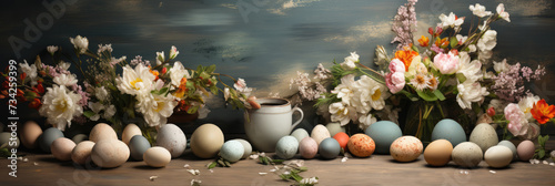 Easter panoramic Banner wallpaper. Spring pastel flowers and colorful painted eggs on rustic wooden dark table background. Easter Card with copy space for text. Advertisement