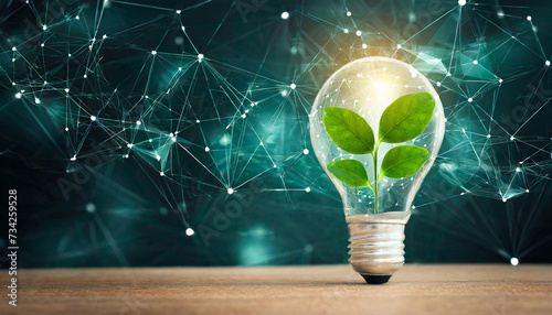 Light bulb holding up a green plant in the ground, in the style of light yellow and dark emerald, radical inventions, serene atmospheres, technological marvels, precise, weathercore, earthy tones photo