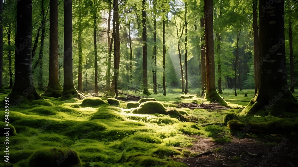 a peaceful forest glade with sunlight filtering through tall trees, illuminating a carpet of moss and creating a tranquil ambiance. - obrazy, fototapety, plakaty 