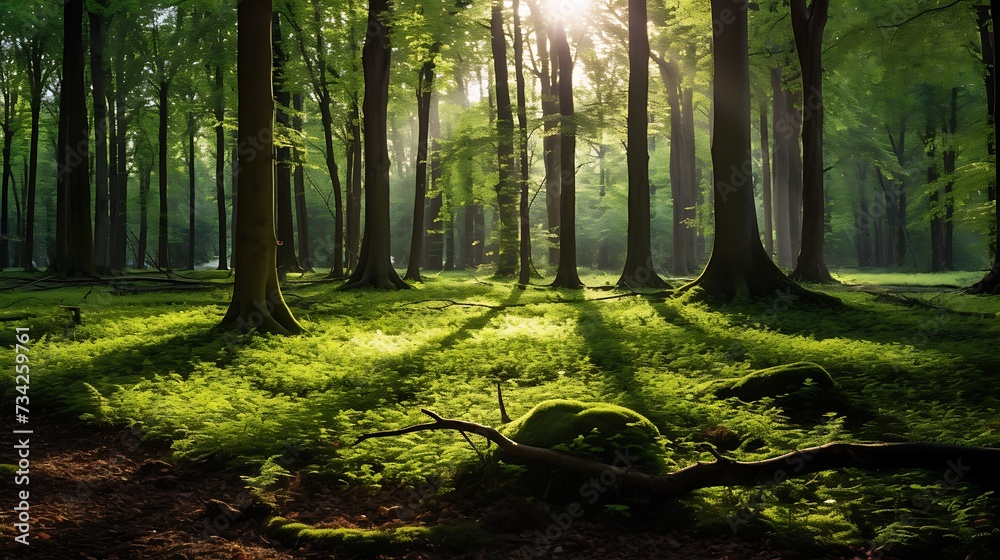 a peaceful forest glade with sunlight filtering through tall trees, illuminating a carpet of moss and creating a tranquil ambiance. - obrazy, fototapety, plakaty 