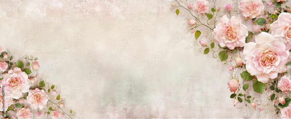 Naklejka premium Tło, wzór w kwiaty róży, kartka z miejscem na tekst, życzenia, Generative Ai