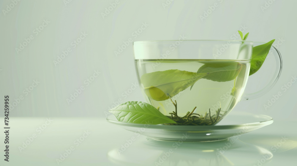 Transparent glass cup filled with clear liquid and green mint leaves Transparent glass cup filled with clear liquid and green mint leaves