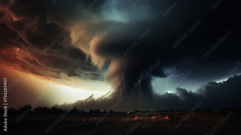 A twister touching down on ground with heavy cloud covering sky.