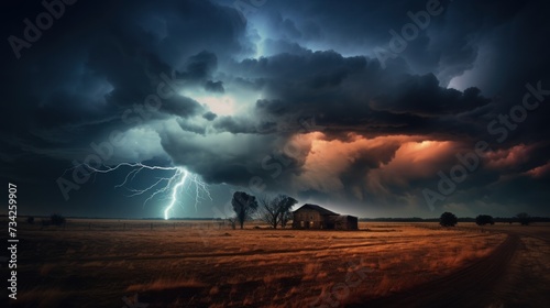 Farm land with bright lightning strike in a thunderstorm at night. © Joyce