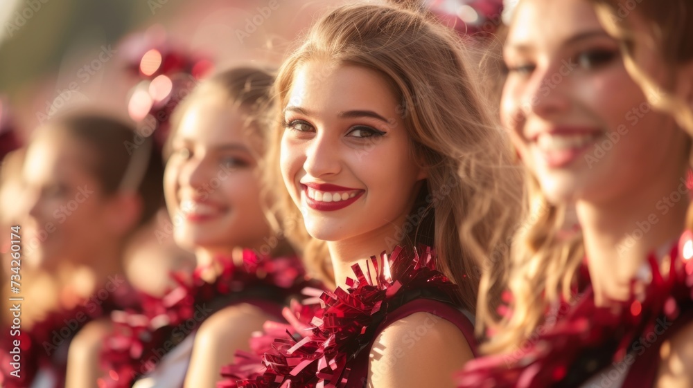Cheerleader with bright smile, wearing red lipstick and pompoms, happiness and youth