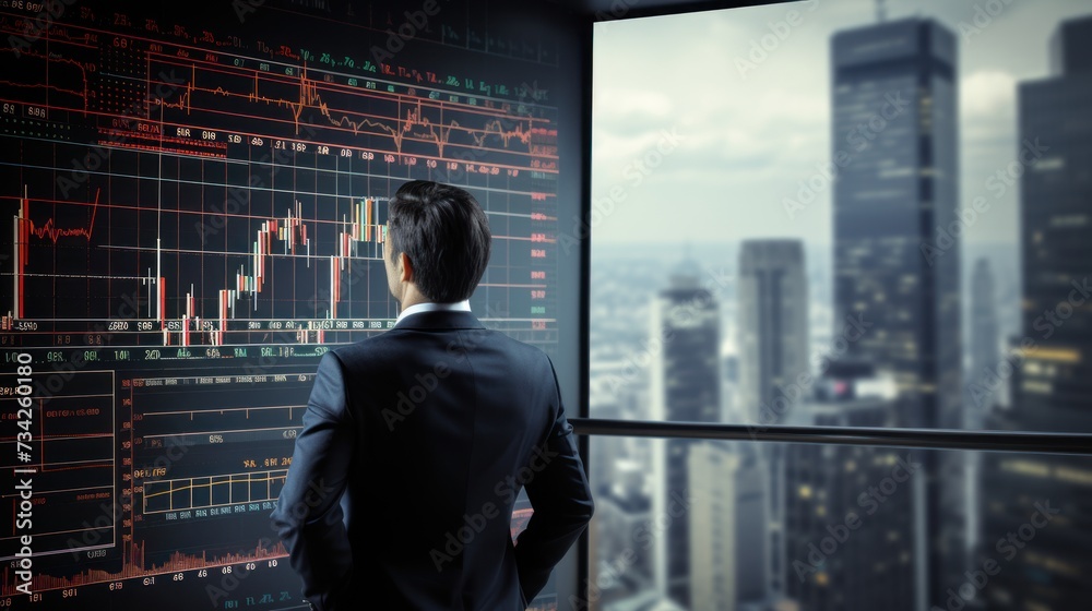 Fototapeta premium A trader standing in front of charts and diagrams analysis background. Finance and investment theme concept.