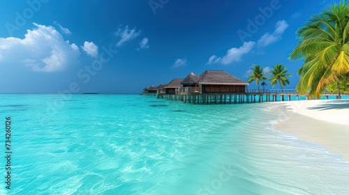  a tropical beach with palm trees and a hut in the middle of the water and a pier in the middle of the water.