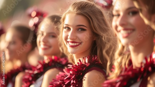 Cheerleader with bright smile, wearing red lipstick and pompoms, happiness and youth