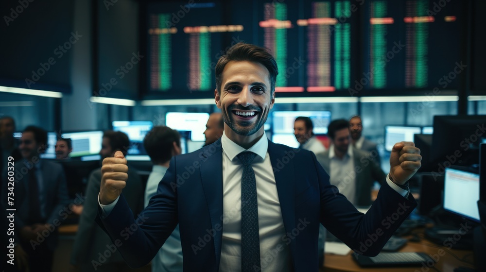 Happy trader at work with joyful facial expression. Finance and investment theme concept.