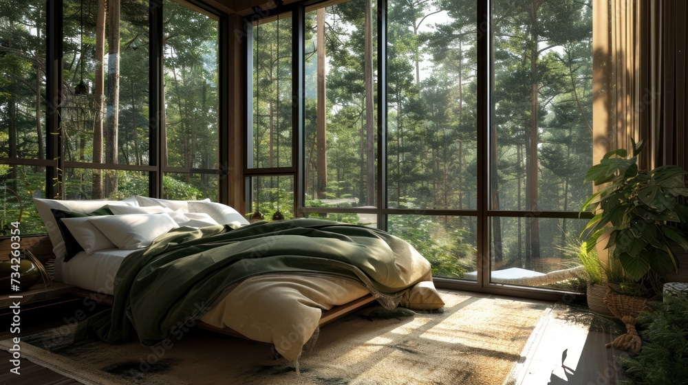 a bedroom with a large window and a bed with a green blanket on top of it and pillows on the bottom of the bed. a bedroom with a large window and a bed with a green blanket on top of it and pillows on the bottom of the bed.