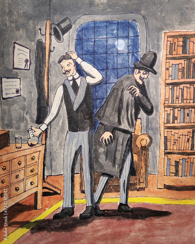 Dr. Jekyll and Mr. Hyde.  The good and evil sides of the same man.  Original art by contributor.  Story is public domain.  