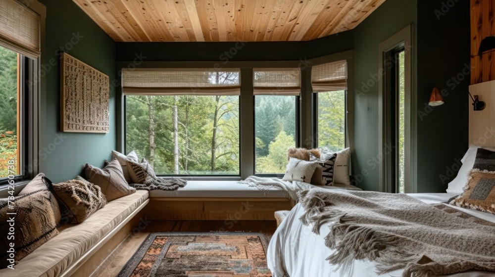  a bed room with a neatly made bed and a large window with a view of the woods out of the window.