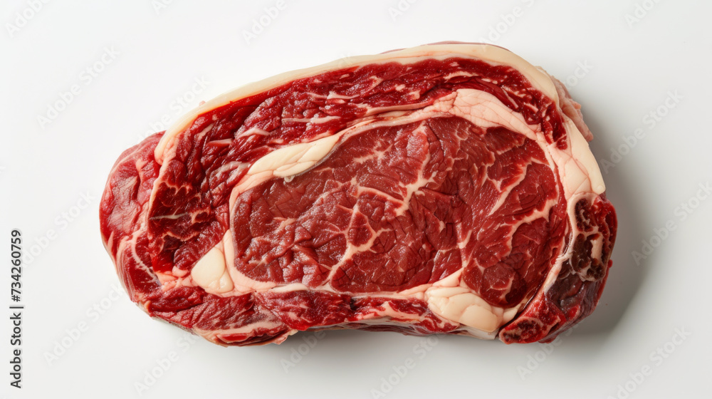 A close-up of a raw ribeye steak with marbling of fat, displayed on a white background. A close-up of a raw ribeye steak with marbling of fat, displayed on a white background.