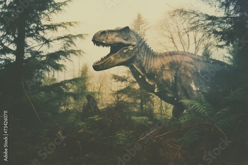 Vintage photo of a dinosaur stands in prehistoric environment. Photorealistic. © Joyce