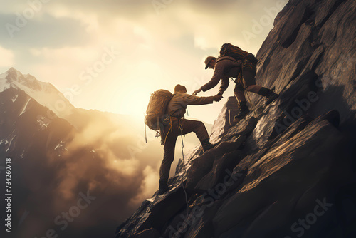 climber helps his friend climb the mountain range with copy space