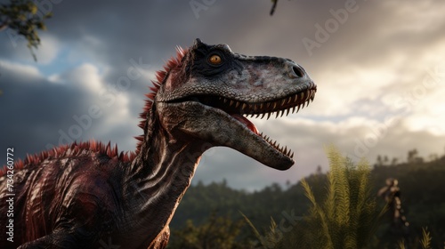 Dinosaur stands in prehistoric environment. Photorealistic.