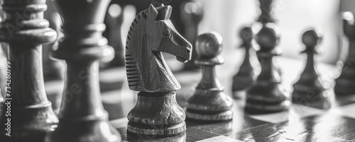Chess pieces strategically placed on a board, representing a plan in black and white, ideal for illustrating strategy, competition, and decision-making concepts
