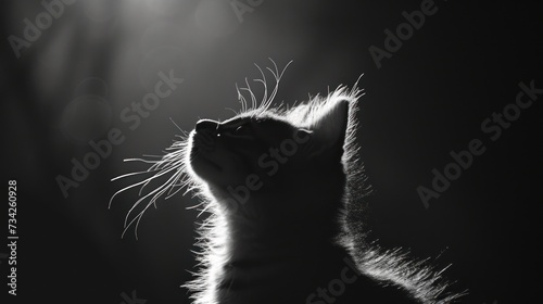  a black and white photo of a cat looking up at the light coming from the ceiling of a dark room.