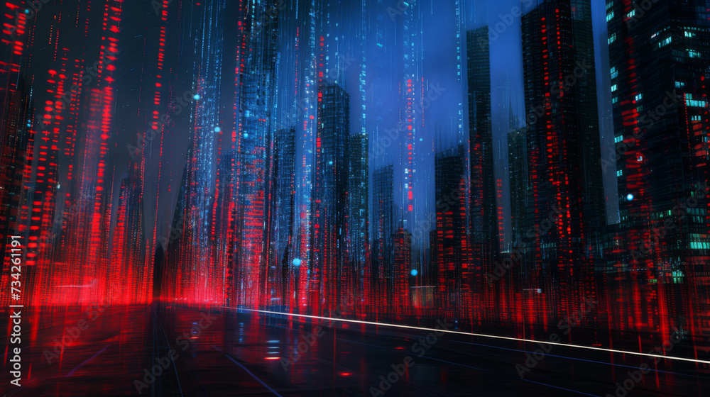 digital binary code background ,theme of technology and data flow in an urban environment.