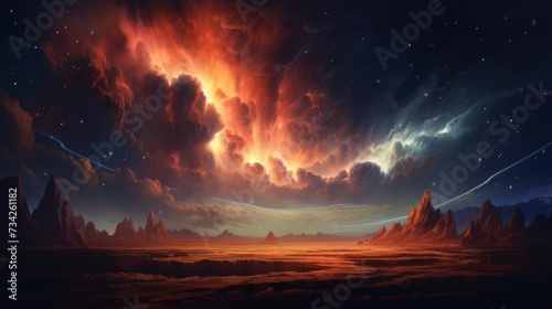 Alien land landscape with giant planet and mountains. Fantasy wall paper. © Joyce