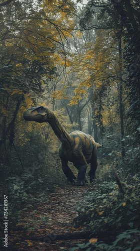 An ancient extinct animal dinosaur in an ancient forest