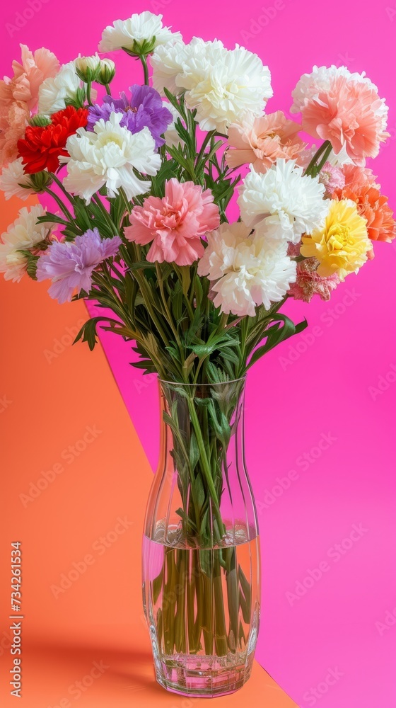 Beautiful bouquet of different flowers in glass vase on pastel multicolored background Beautiful bouquet of different flowers in glass vase on pastel multicolored background